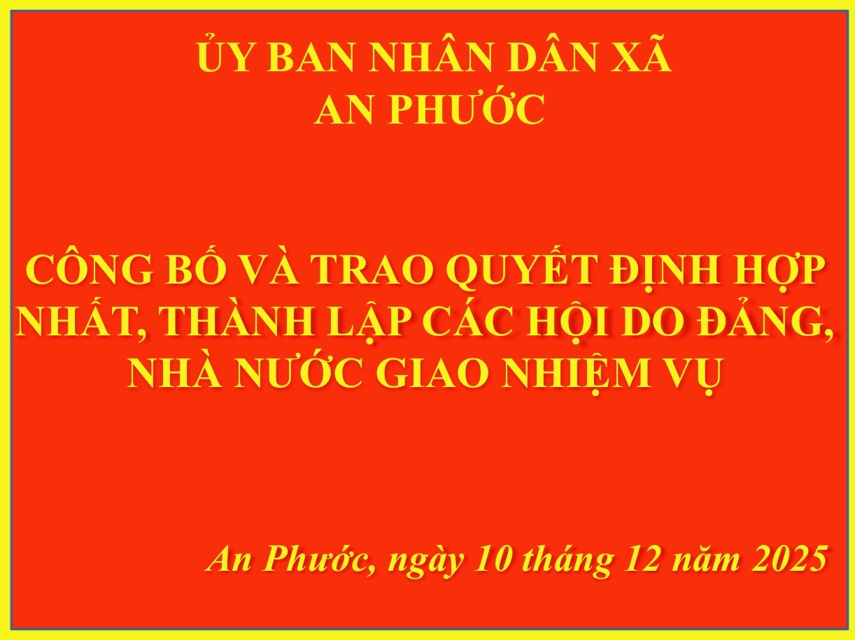 An Phước - Công bố và trao các quyết định thành lập, hợp nhất, sáp nhập và chỉ định lâm thời nhân sự các hội do Đảng, Nhà nước giao nhiệm vụ đồng thời tiếp nhận hội Tổ chức Xã hội – Nghề nghiệp xã.