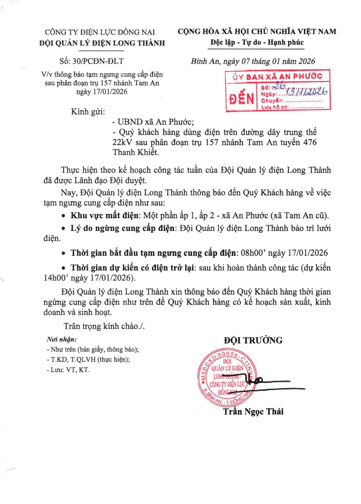 Thông báo - Về việc tạm ngừng cung cấp điện trên địa bàn xã An Phước.